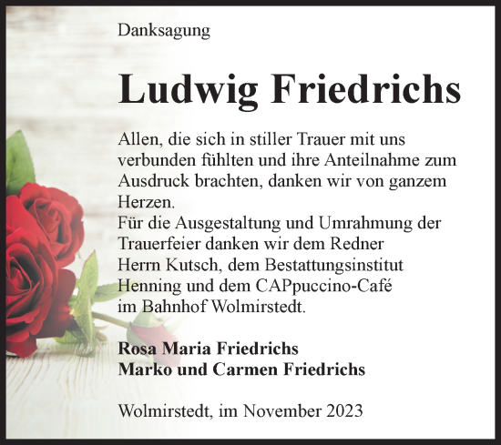 Traueranzeige von Ludwig Friedrichs von Volksstimme Haldensleben/Wolmirstedt