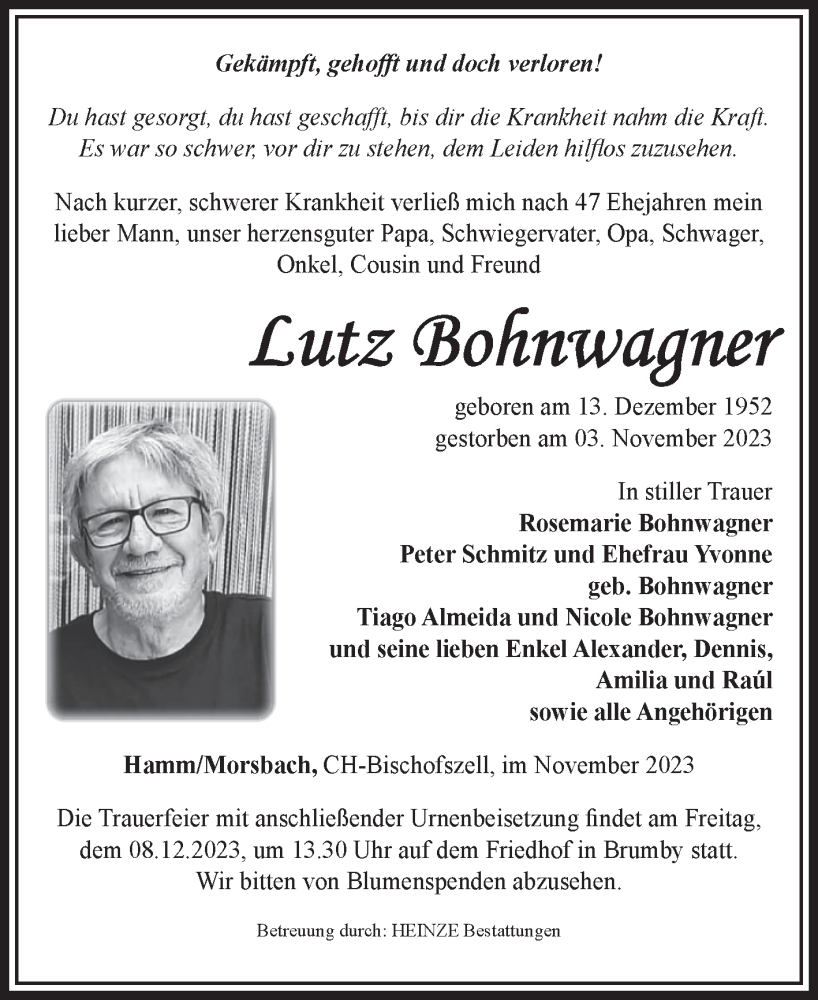  Traueranzeige für Lutz Bohnwagner vom 25.11.2023 aus Volksstimme Schönebeck