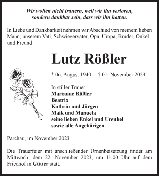 Traueranzeige von Lutz Rößler von Volksstimme Burg/Genthin