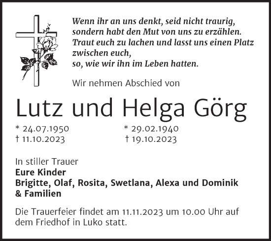 Traueranzeige von Lutz und Helga Görg von Trauerkombi Dessau