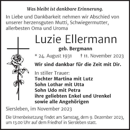 Traueranzeige von Luzie Ellerman von Trauerkombi Mansfelder Land
