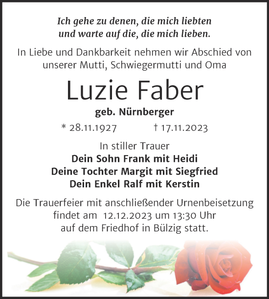 Traueranzeige von Luzie Faber von Trauerkombi Wittenberg