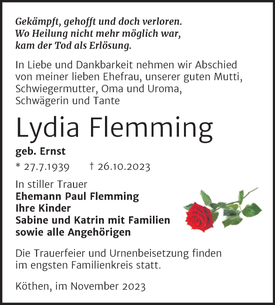 Traueranzeige von Lydia Flemming von Trauerkombi Köthen