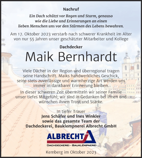 Traueranzeige von Maik Bernhardt von Super Sonntag Wittenberg