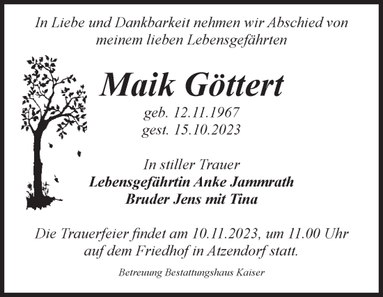 Traueranzeige von Maik Göttert von Volksstimme Staßfurt