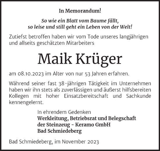 Traueranzeige von Maik Krüger von Super Sonntag Wittenberg
