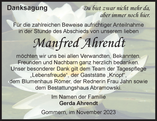 Traueranzeige von Manfred Ahrendt von Volksstimme Burg/Genthin
