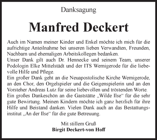 Traueranzeige von Manfred Deckert von Volksstimme Wernigerode