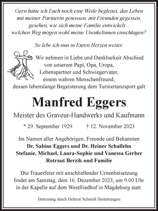 Traueranzeige von Manfred Eggers von Volksstimme Magdeburg