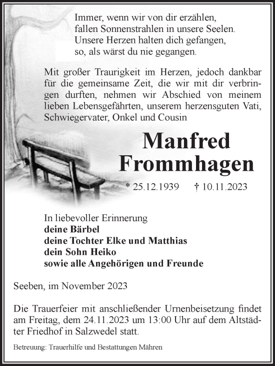 Traueranzeige von Manfred Frommhagen von Volksstimme Altmark West