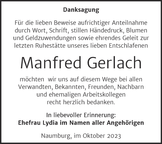 Traueranzeige von Manfred Gerlach von Wochenspiegel Naumburg/Nebra