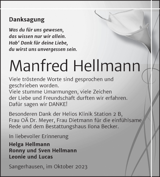 Traueranzeige von Manfred Hellmann von Trauerkombi Sangerhausen