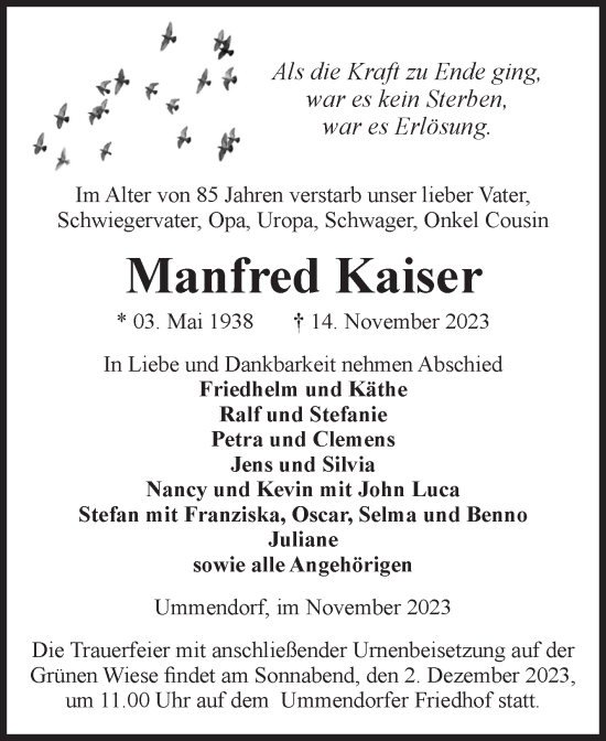 Traueranzeige von Manfred Kaiser von Volksstimme Oschersleben/Wanzleben