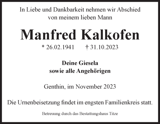Traueranzeige von Manfred Kalkofen von Volksstimme Burg/Genthin