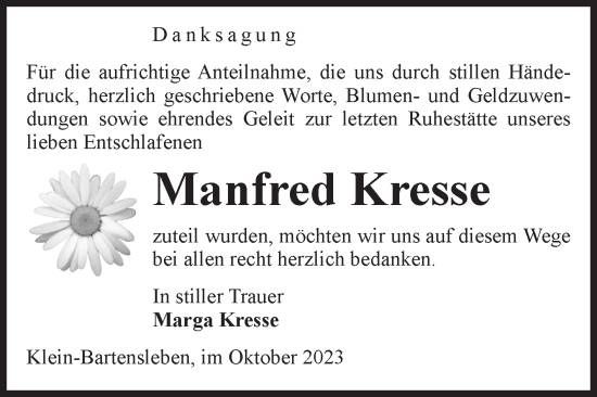 Traueranzeige von Manfred Kresse von Volksstimme Haldensleben/Wolmirstedt