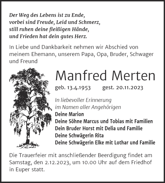 Traueranzeige von Manfred Merten von Trauerkombi Wittenberg