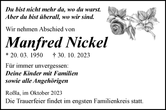 Traueranzeige von Manfred Nickel von Trauerkombi Sangerhausen