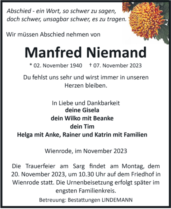 Traueranzeige von Manfred Niemand von Volksstimme Wernigerode