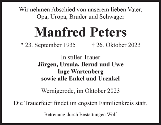 Traueranzeige von Manfred Peters von Volksstimme Wernigerode