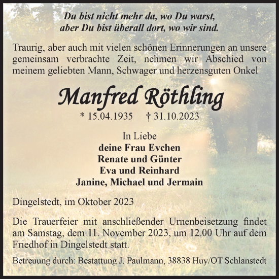 Traueranzeige von Manfred Röthling von Volksstimme Halberstadt