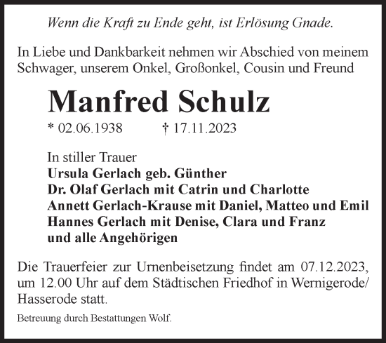 Traueranzeige von Manfred Schulz von Volksstimme Wernigerode