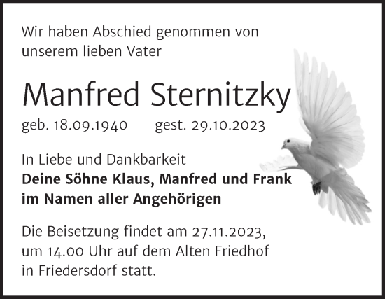 Traueranzeige von Manfred Sternitzky von Trauerkombi Bitterfeld
