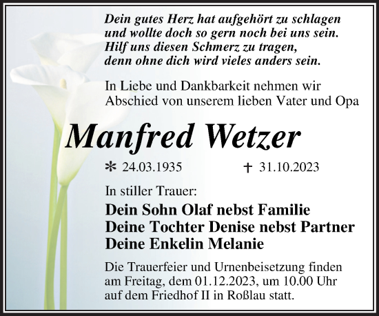 Traueranzeige von Manfred Wetzer von Trauerkombi Dessau