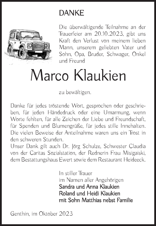 Traueranzeige von Marco Klaukien von Volksstimme Burg/Genthin