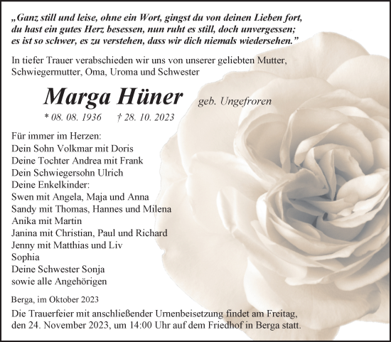 Traueranzeige von Marga Hüner von Trauerkombi Sangerhausen