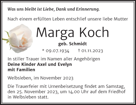 Traueranzeige von Marga Koch von Trauerkombi Mansfelder Land