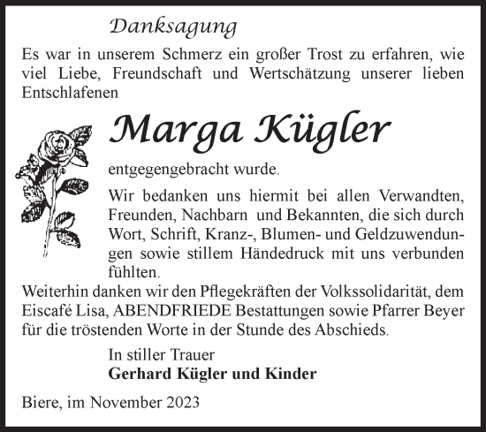 Traueranzeige von Marga Kügler von Volksstimme Schönebeck