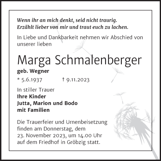 Traueranzeige von Marga Schmalenberger von Trauerkombi Köthen