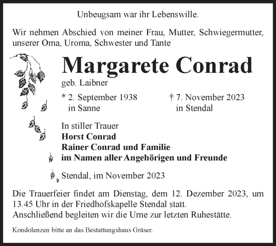 Traueranzeige von Margarete Conrad von Volksstimme Altmark Ost