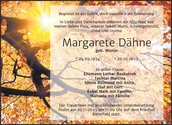 Traueranzeige von Margarete Dähne von Trauerkombi Bitterfeld