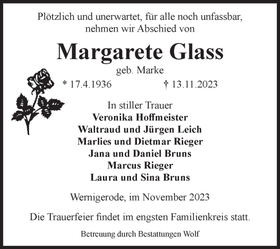 Traueranzeige von Margarete Glass von Volksstimme Wernigerode