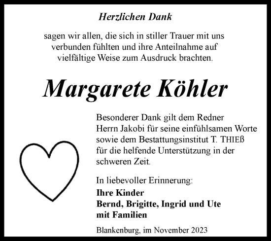 Traueranzeige von Margarete Köhler von Volksstimme Wernigerode