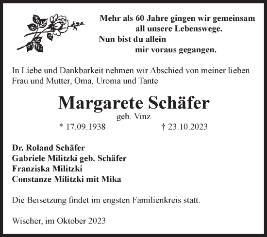 Traueranzeige von Margarete Schäfer von Volksstimme Altmark Ost