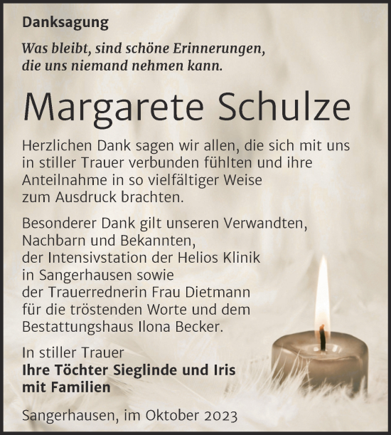Traueranzeige von Margarete Schulze von Trauerkombi Sangerhausen