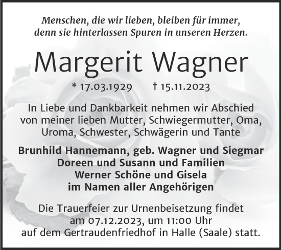 Traueranzeige von Margerit Wagner von Mitteldeutsche Zeitung Halle/Saalkreis