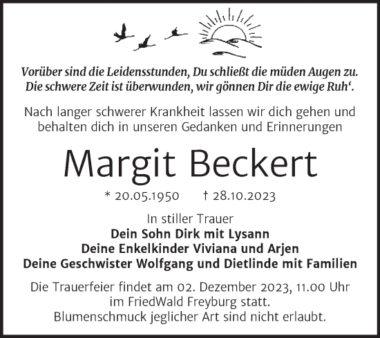 Traueranzeige von Margit Beckert von Wochenspiegel Naumburg/Nebra