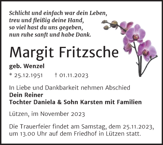 Traueranzeige von Margit Fritzsche von Trauerkombi Weißenfels