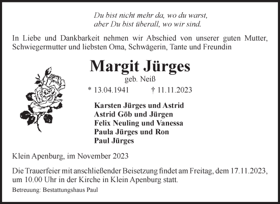 Traueranzeige von Margit Jürges von Volksstimme Altmark West