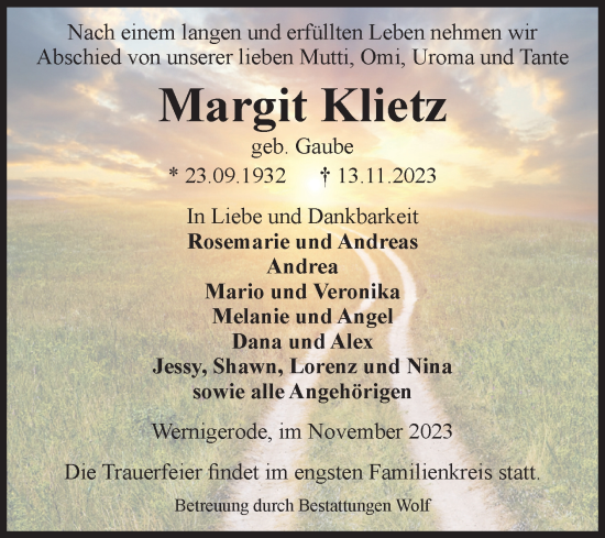 Traueranzeige von Margit Klietz von Volksstimme Wernigerode