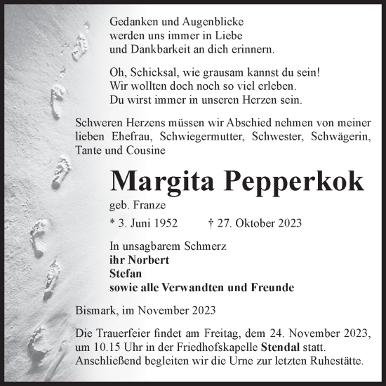 Traueranzeige von Margita Pepperkok von Volksstimme Altmark Ost