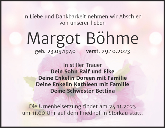 Traueranzeige von Margot Böhme von Trauerkombi Weißenfels