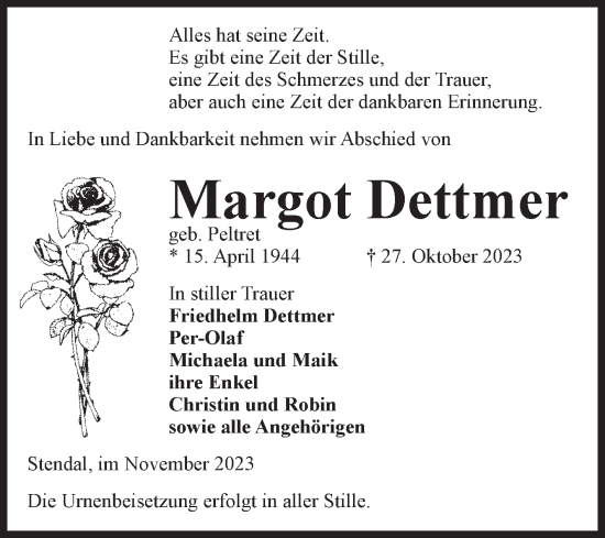 Traueranzeige von Margot Dettmer von Volksstimme Altmark Ost