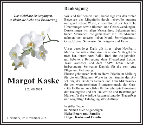 Traueranzeige von Margot Kaske von Volksstimme Altmark West