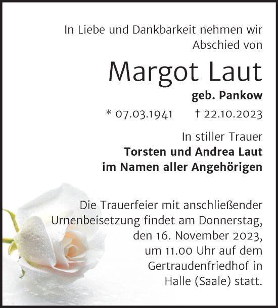Traueranzeige von Margot Laut von Mitteldeutsche Zeitung Halle/Saalkreis