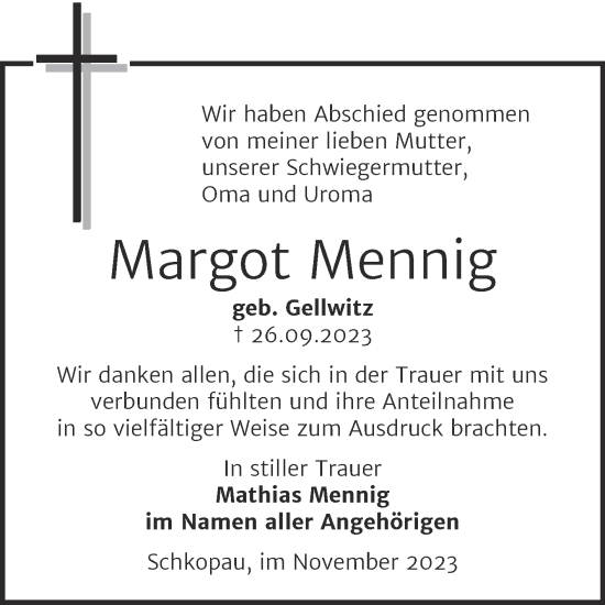 Traueranzeige von Margot Mennig von Trauerkombi Merseburg