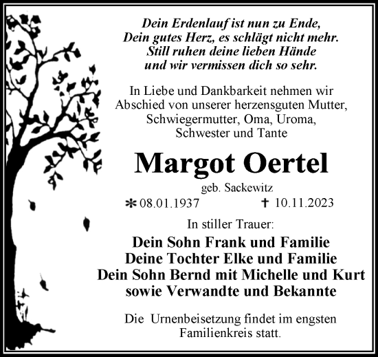 Traueranzeige von Margot Oertel von Trauerkombi Wittenberg